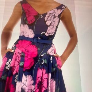 Kay Unger Navy and Pink Floral Midi Dress